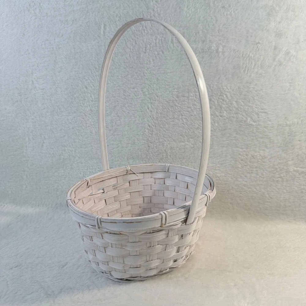 Unbranded Flower Girl Basket Kids Small White Woven Wicker Oval High Handle